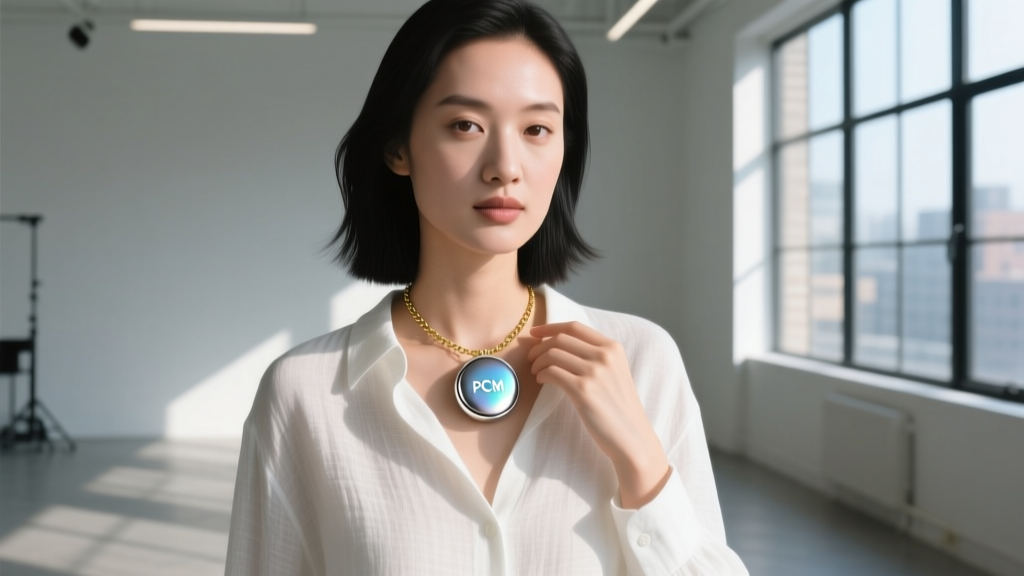 Woman styling a minimalist PCM cooler necklace layered with a gold chain, worn over a breathable linen button-down shirt.