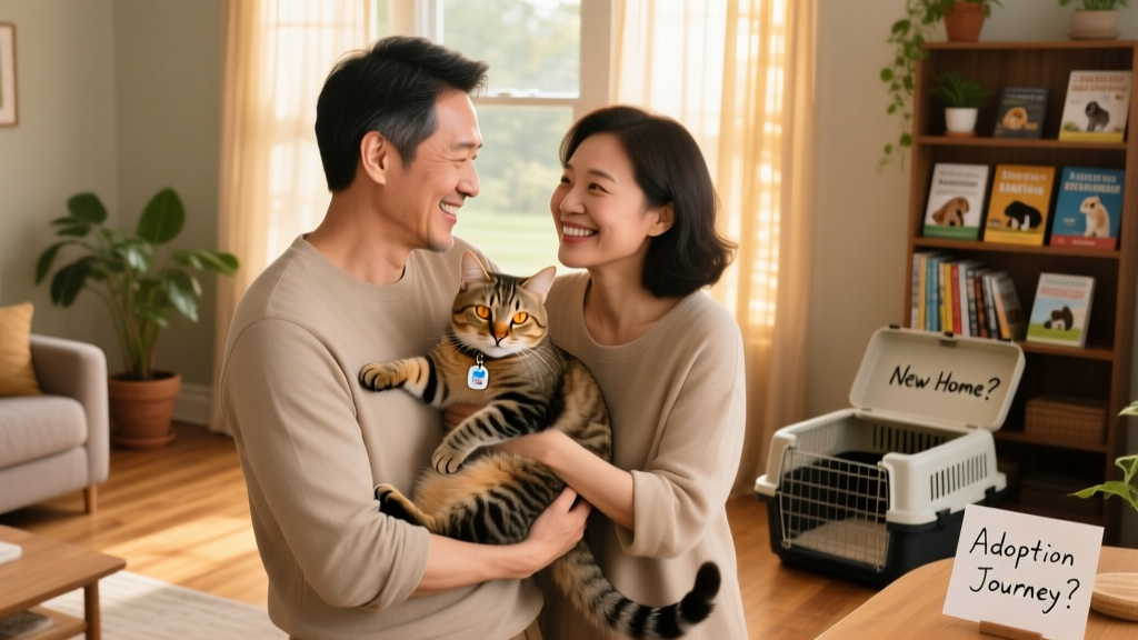 Two people smiling while gently holding a gentle, relaxed cat between them during a home visit