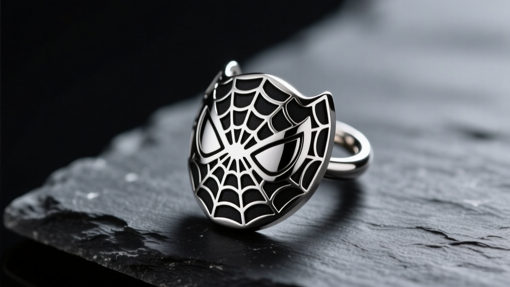 Macro shot of a 316L surgical steel Spider-Man mask huggie earring on dark slate, showing detailed laser-engraved webbing texture