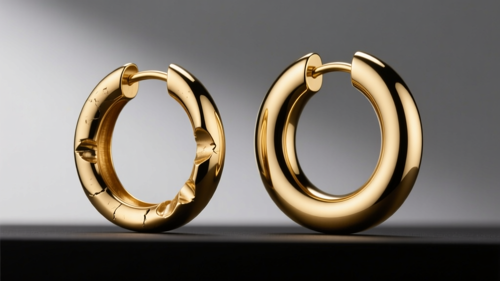Comparison of a dented hollow gold flat hoop and a pristine solid 18k gold flat hoop under soft directional studio lighting