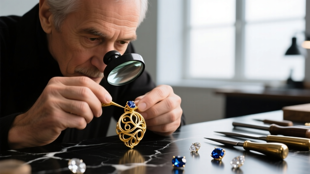 Close-up of a jeweler's tweezers securing a mechanical 18k gold La Pousette clasp onto a thick diamond stud earring post.