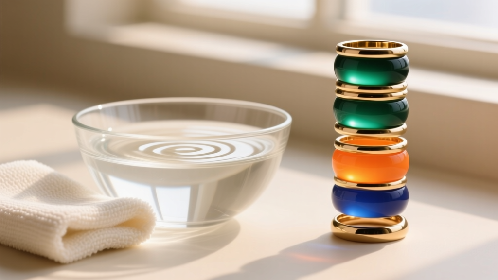 A glass bowl of mild soapy water and a microfiber cloth next to a stack of vibrant, affordable resin and brass cocktail rings.