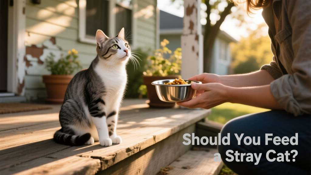 A friendly stray cat sitting calmly near a front porch, looking up at a person holding a small bowl of food