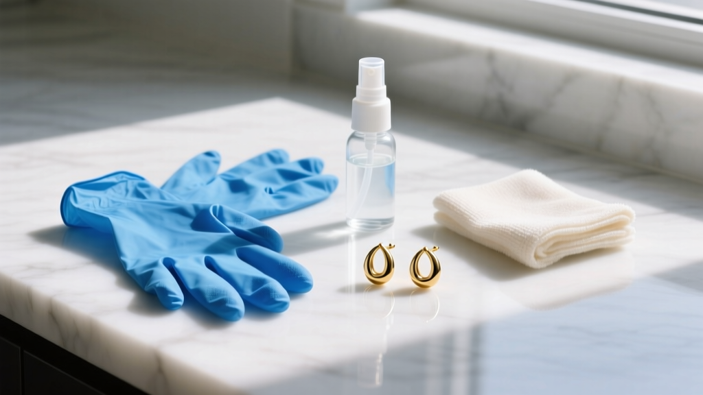 Blue nitrile gloves, saline spray, and microfiber cloth laid next to 14k gold flat back earrings on a white marble countertop.