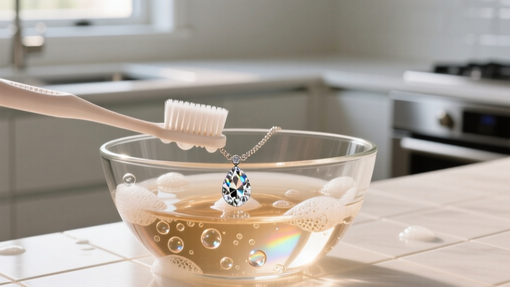 Soft-bristled toothbrush gently scrubbing a diamond teardrop necklace in a glass bowl of warm soapy water, macro photography.