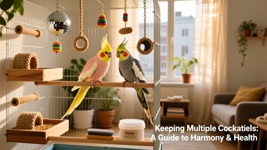 A spacious multi-level cockatiel cage with two feeding stations, separate perches, and hanging toys