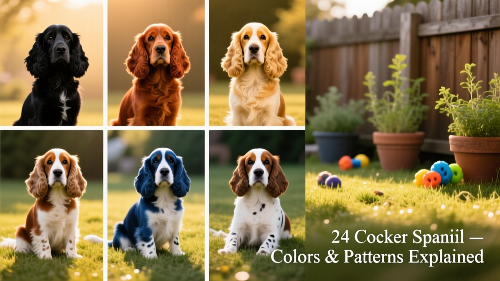 Collage showing 10 base Cocker Spaniel coat colors including black, liver, red, golden, and cream