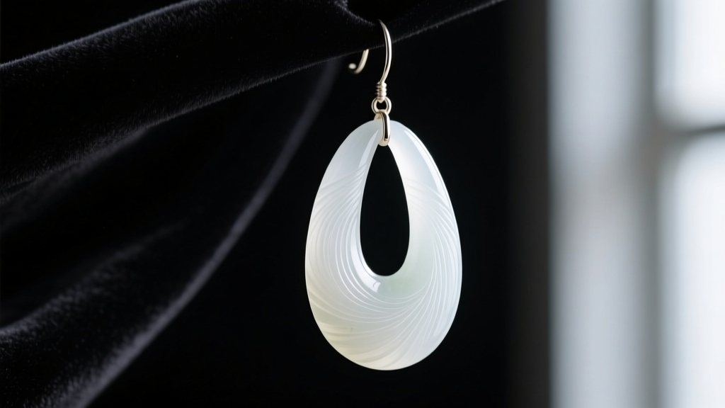 Close-up of carved white nephrite drop earring showing fibrous texture and translucent edges against a dark velvet background.