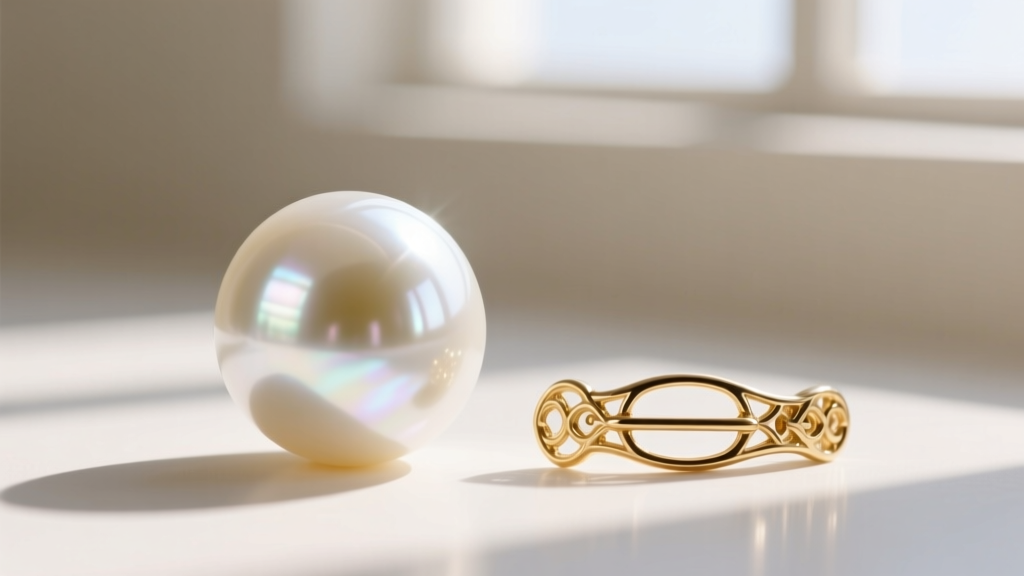 Macro photography of a perfectly round white Akoya pearl showing sharp mirror-like reflections next to a delicate gold clasp