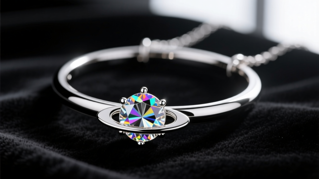 Macro shot of a rhodium-plated Vivienne orb necklace on dark velvet, highlighting the crystal Saturn ring and central cross.
