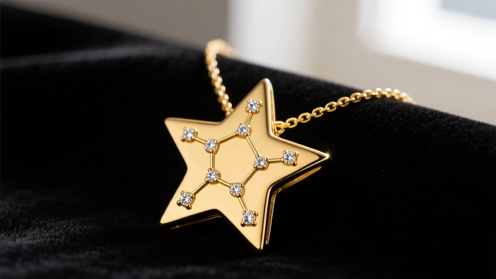 Close-up of 14k yellow gold star sign necklace featuring an Aries constellation map with tiny bezel-set diamonds on dark velvet