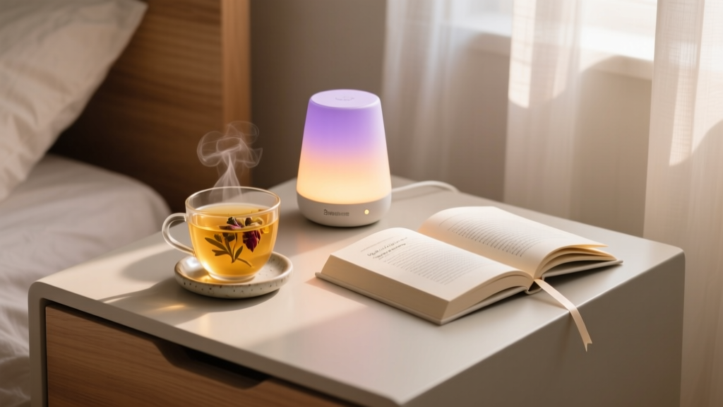 A modern bedside table featuring a smart sleep and meditation light illuminating a cup of herbal tea and a book.