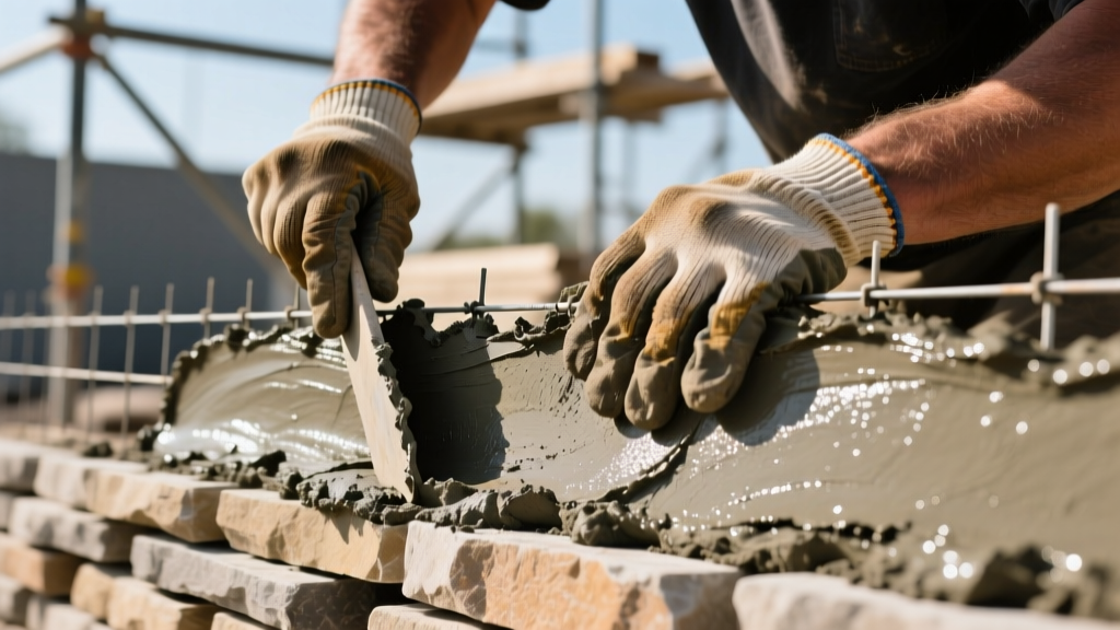 Close-up of a mason applying a thick layer of polymer-modified Type S mortar to a wire lath scratch coat before installing stacked stone veneer panels
