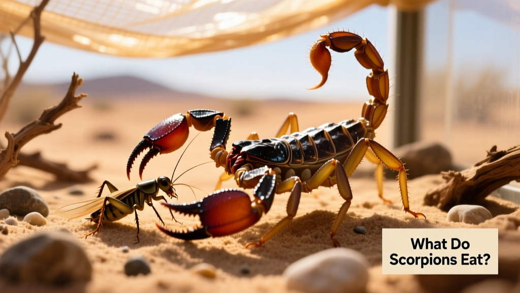 Close-up of a scorpion using its pincers to grasp a cricket in a naturalistic enclosure