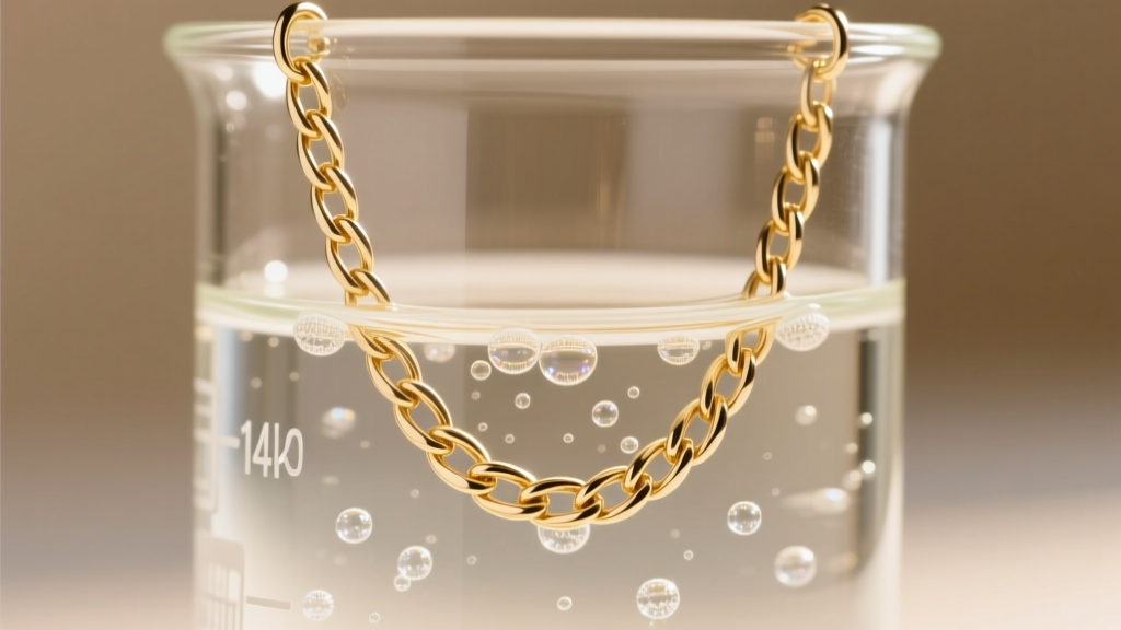 Close-up of a 14k white gold wheat chain submerged in a glass beaker of mild ionic cleaning solution with gentle micro-bubbles