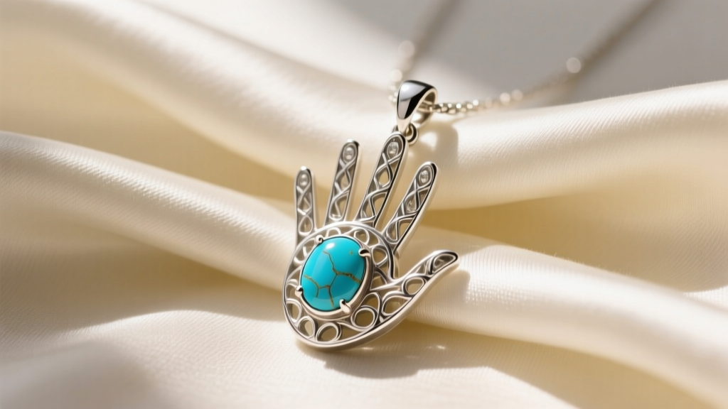 Sterling silver five-finger pendant with a bright blue turquoise cabochon in the palm, resting softly on folded ivory silk fabric.