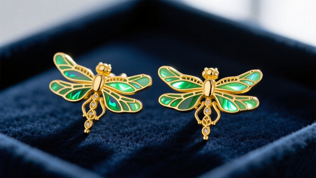 Close-up macro photography of 14k yellow gold dragonfly stud earrings with translucent green plique-a-jour enamel wings on velvet.