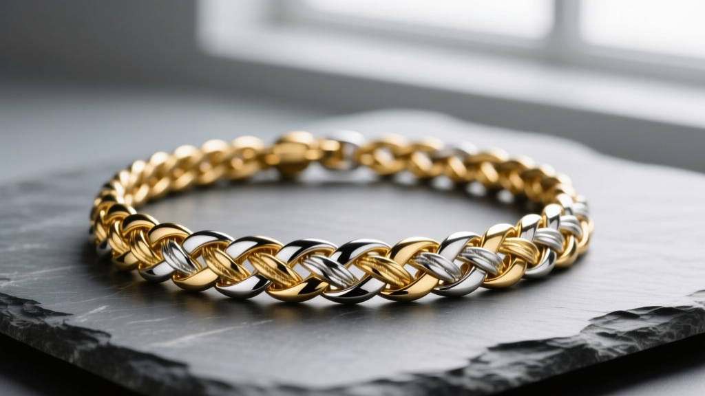 Close-up of a braided 18k gold and platinum necklace chain on slate, revealing contrasting textures and crisp studio reflections.