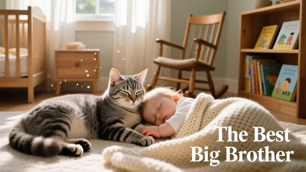 The same cat lying peacefully next to a sleeping toddler, both covered by a light blanket, in a sunlit nursery