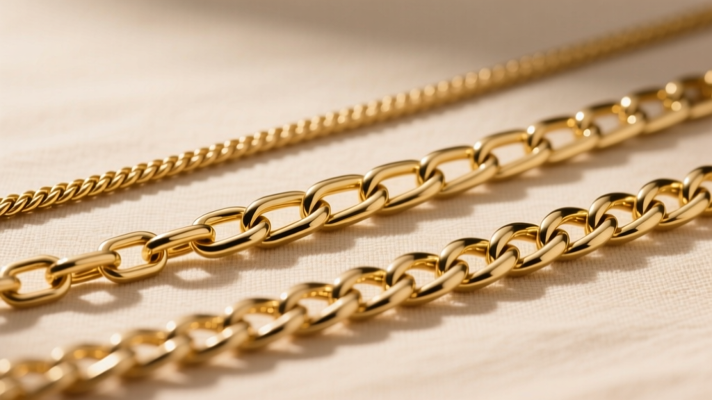 Three gold chains including a 2mm rope, 3mm box, and 4mm Figaro chain layered together against a neutral beige linen backdrop