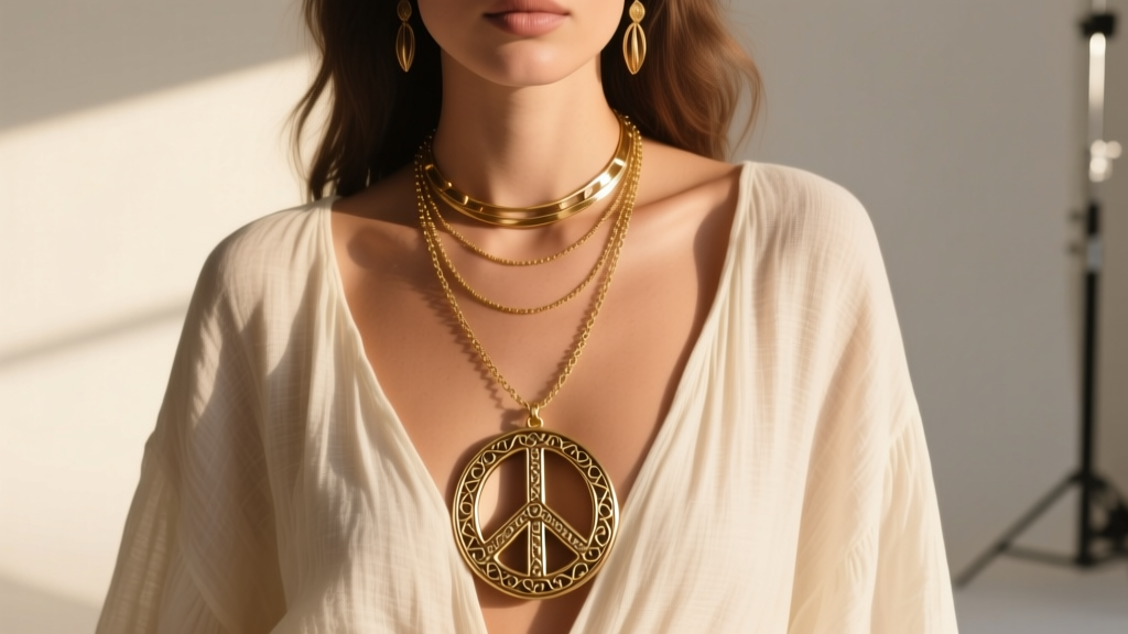 Model wearing layered hippie 70s jewelry, featuring a long brass peace sign necklace and delicate modern gold chains over linen.