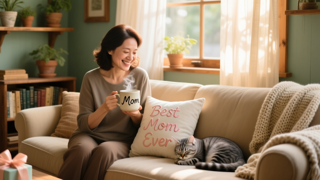 A cozy living room scene featuring a smiling woman holding a mug while her cat naps on a personalized throw pillow nearby