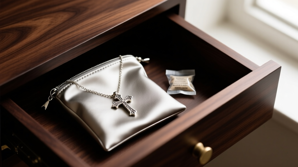Anti-tarnish pouch holding a cross with crown necklace, stored with a silica gel packet inside a dark wooden jewelry box drawer.