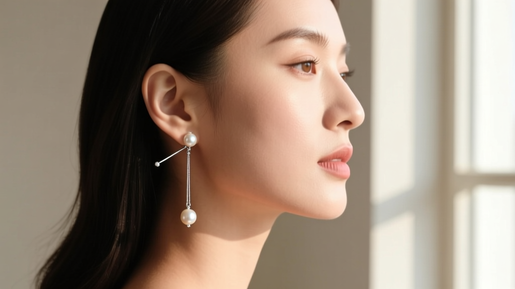 Side profile of a woman wearing silver earring threaders with pearl drops, showing the delicate drape and length on her earlobe