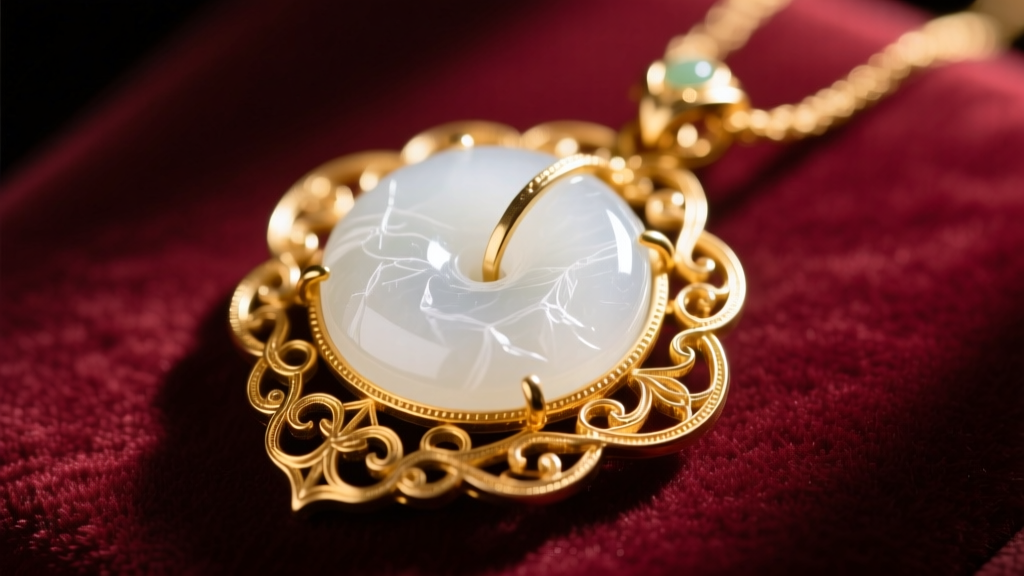 Macro photo of antique traditional Chinese jewelry featuring carved white Hetian nephrite jade set in intricate 24k gold filigree on velvet
