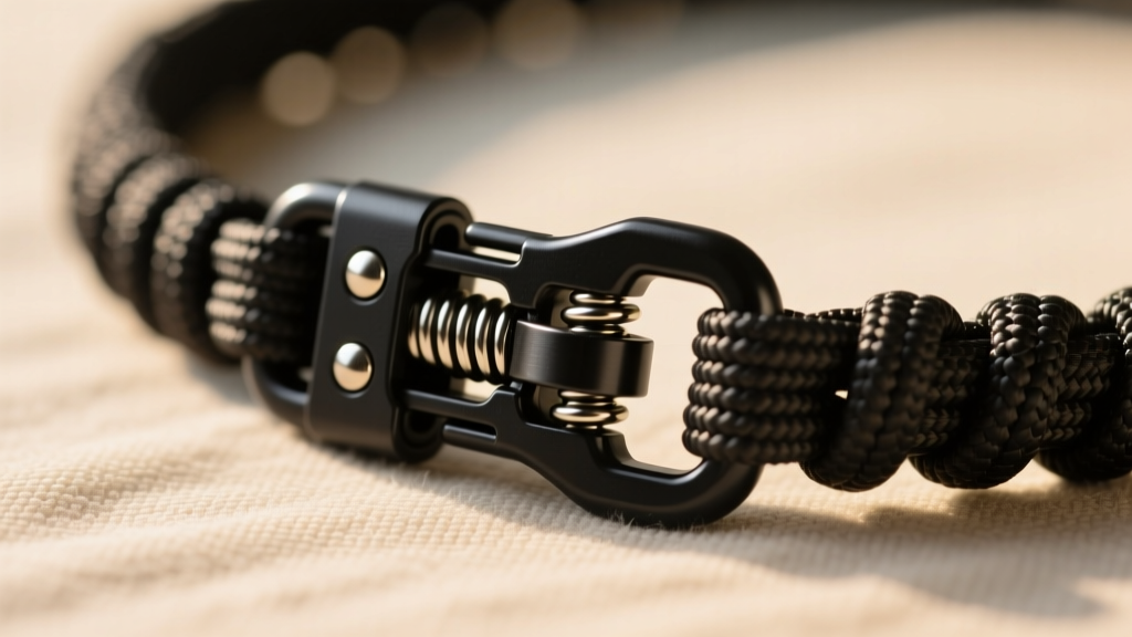 Macro photography of a black plastic magnetic breakaway clasp on a paracord necklace, showing the internal safety release pins
