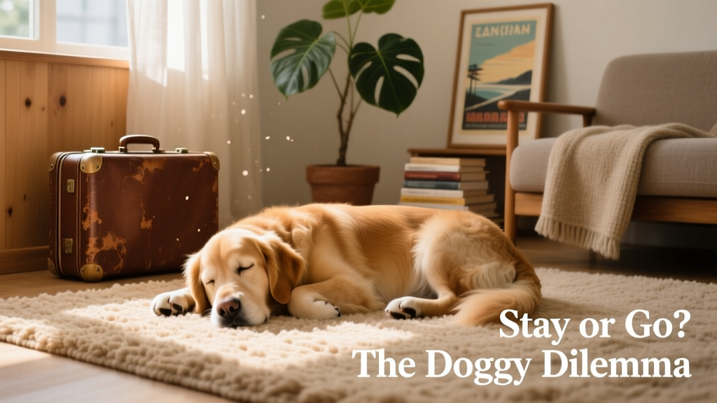 A relaxed dog napping peacefully on a cozy rug at home while a suitcase sits nearby — symbolising the comfort of staying put