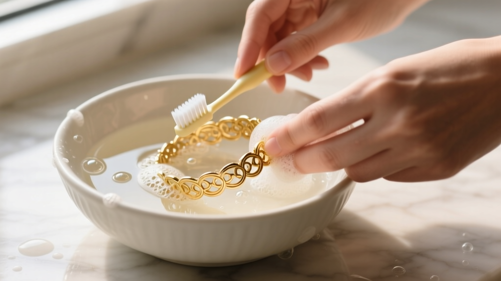 Hands gently cleaning a muted gold bracelet in a ceramic bowl of warm soapy water using a soft-bristled baby toothbrush