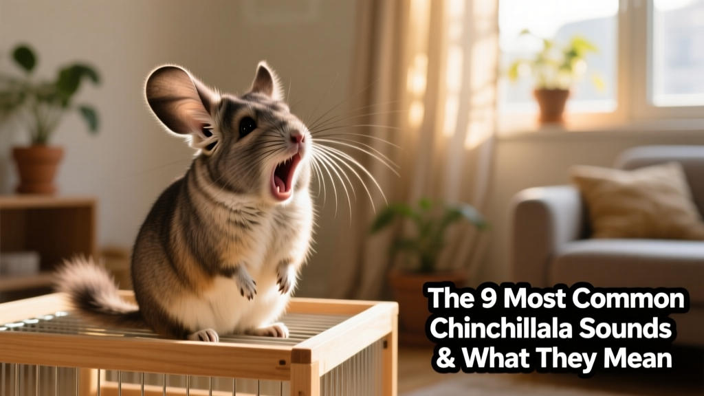Chinchilla sitting upright in its cage, ears forward and mouth open mid-bark, looking alert and focused