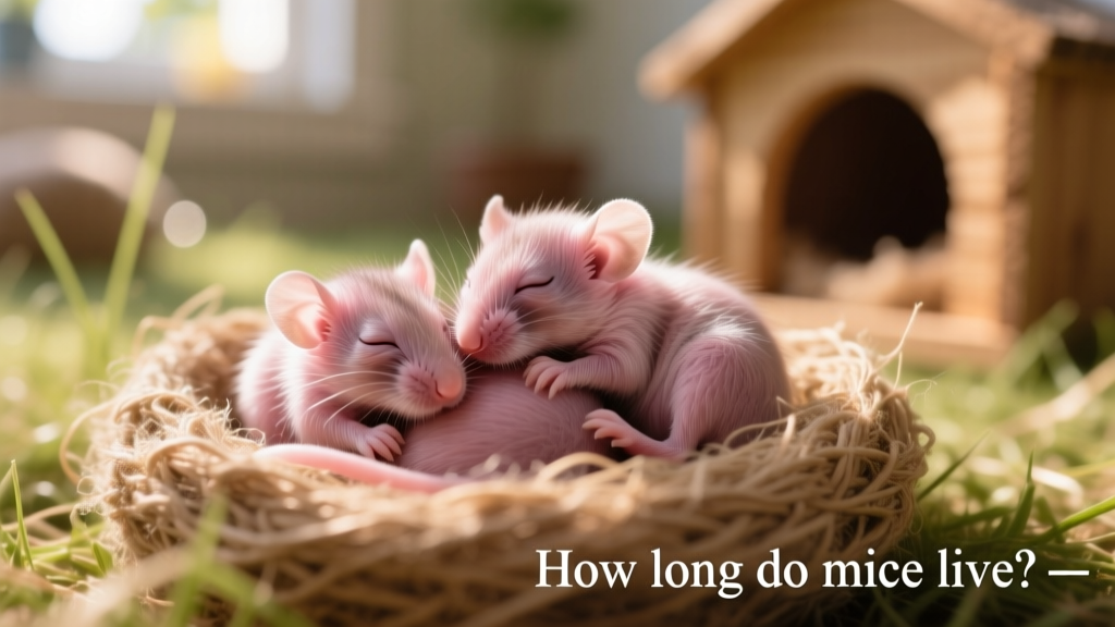 Newborn pinkie mice huddled together in nesting material, eyes closed and hairless