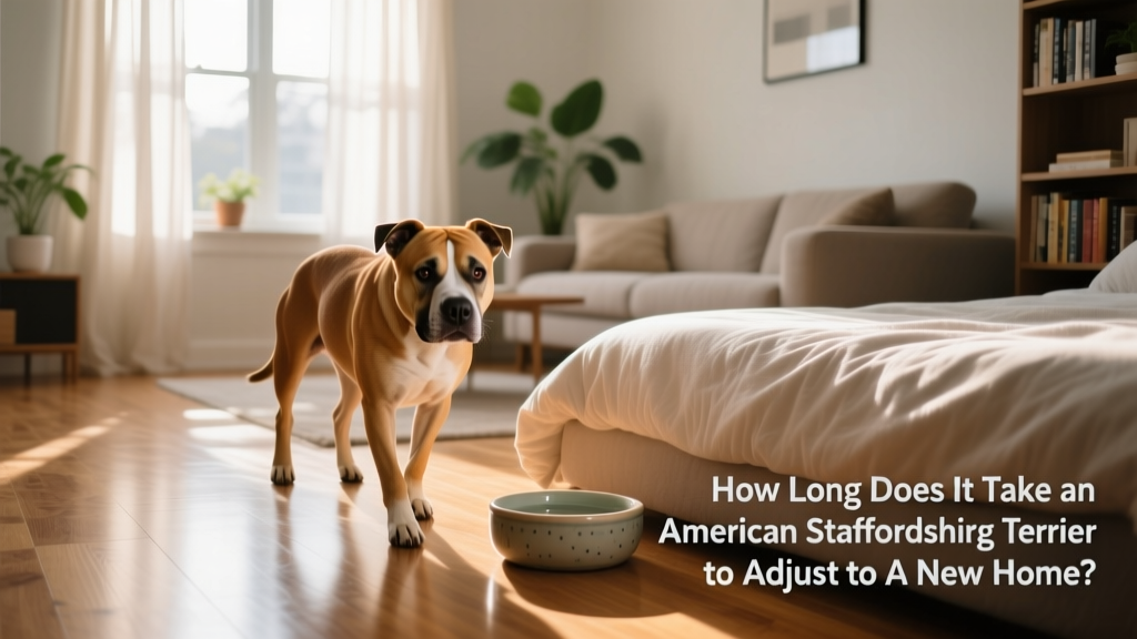 American Staffordshire Terrier exploring a quiet, sunlit living room with a soft bed and water bowl nearby