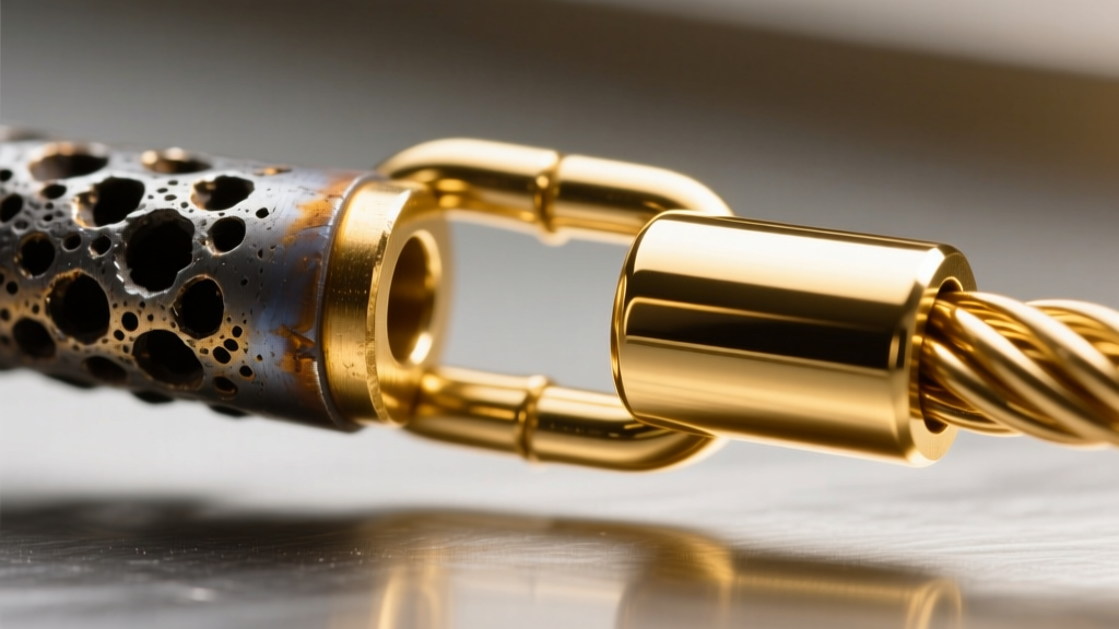Macro shot of a porous, darkened gold weld joint on a delicate cable chain, contrasted with a smooth, flawless weld beside it