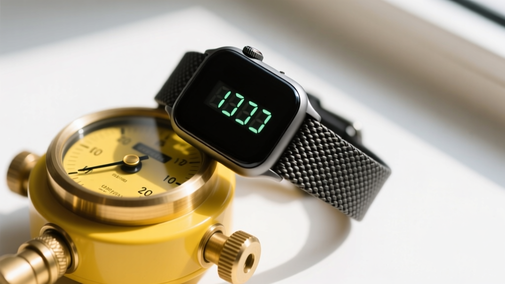 Close-up macro shot of an aramid fiber smartwatch band resting on a yellow digital manifold gauge set with brass fittings