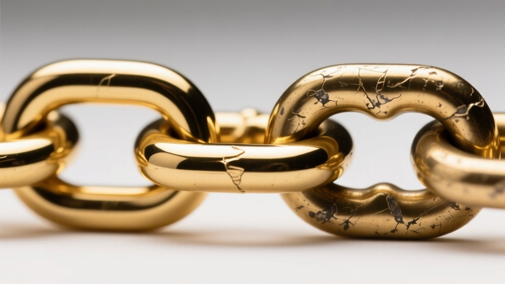 Macro shot of a solid 18k gold chain link next to a plated brass link, revealing micro-abrasions and underlying base metal wear.