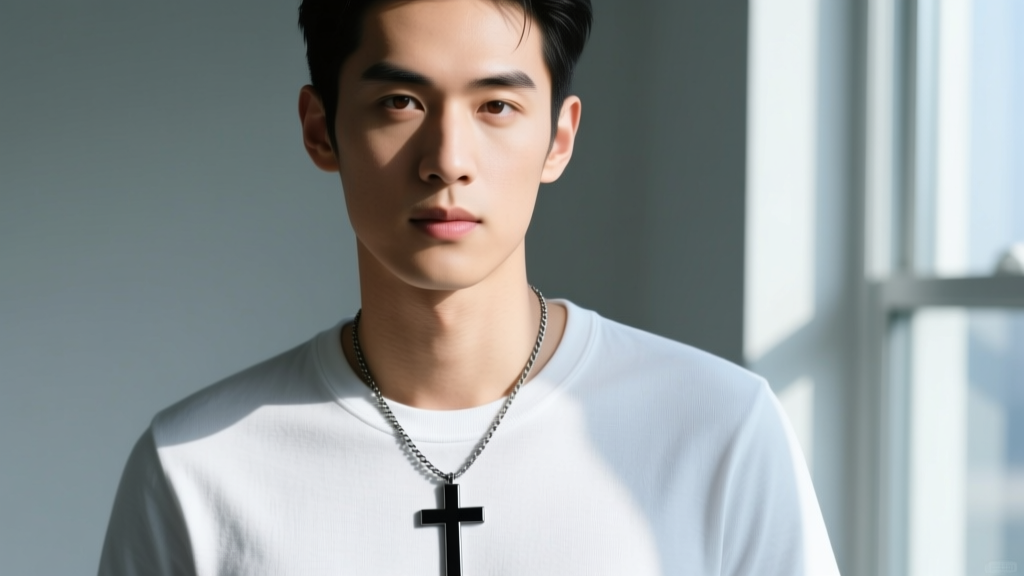 Young man wearing a matte black PVD-coated stainless steel cross necklace over a white t-shirt, medium chest angle portrait