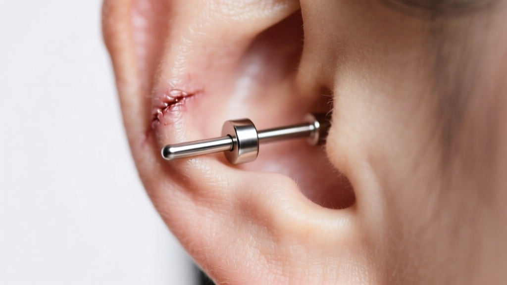 Macro photo of a healed earlobe piercing wearing a smooth implant-grade titanium labret stud under soft, clean clinical lighting.