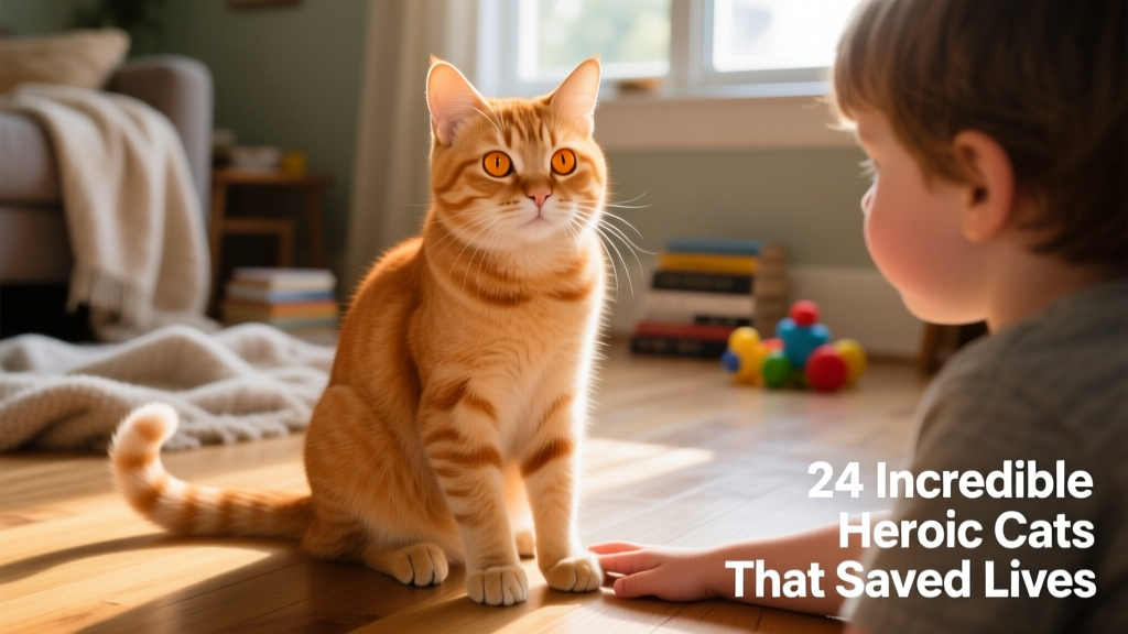 A curious ginger cat sitting attentively beside a child's hand, symbolizing watchful care