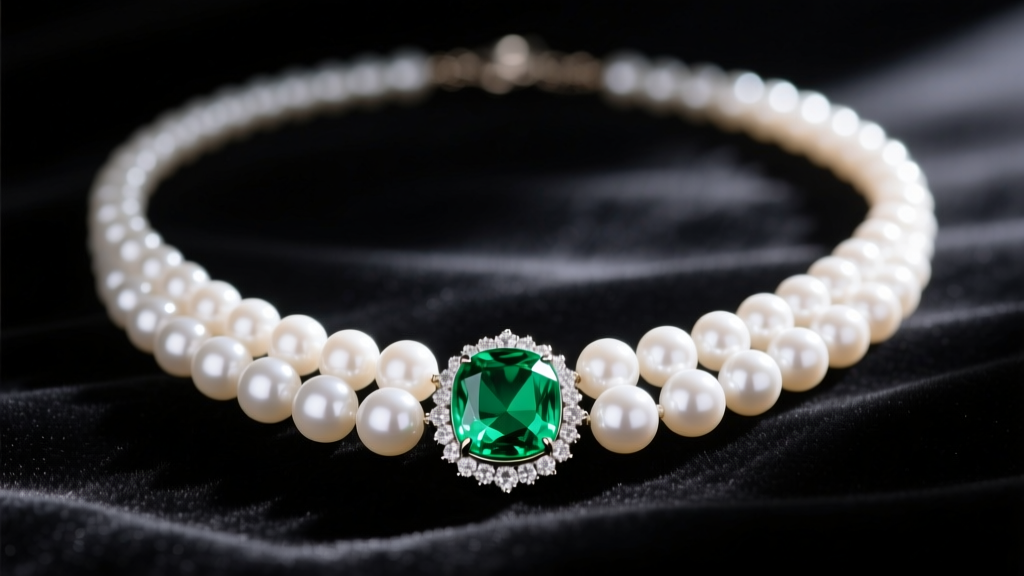 Close-up of a pearl emerald necklace on dark velvet, featuring a vivid green emerald pendant and lustrous white Akoya pearls.