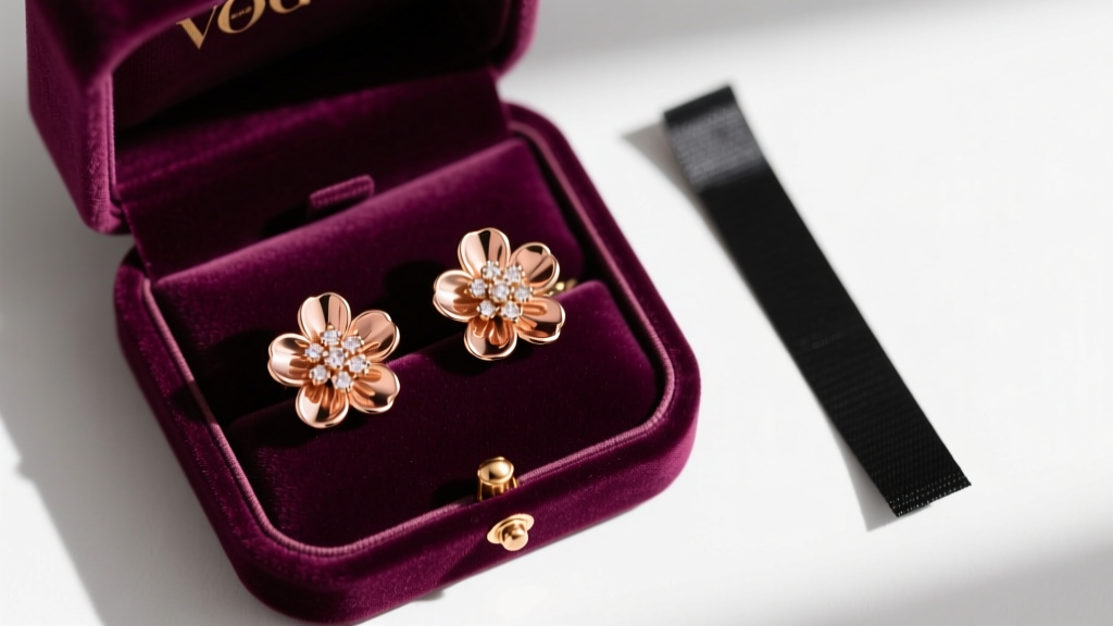 Rose gold cluster flower earrings stored in a velvet-lined box compartment next to a black anti-tarnish strip, top-down view.