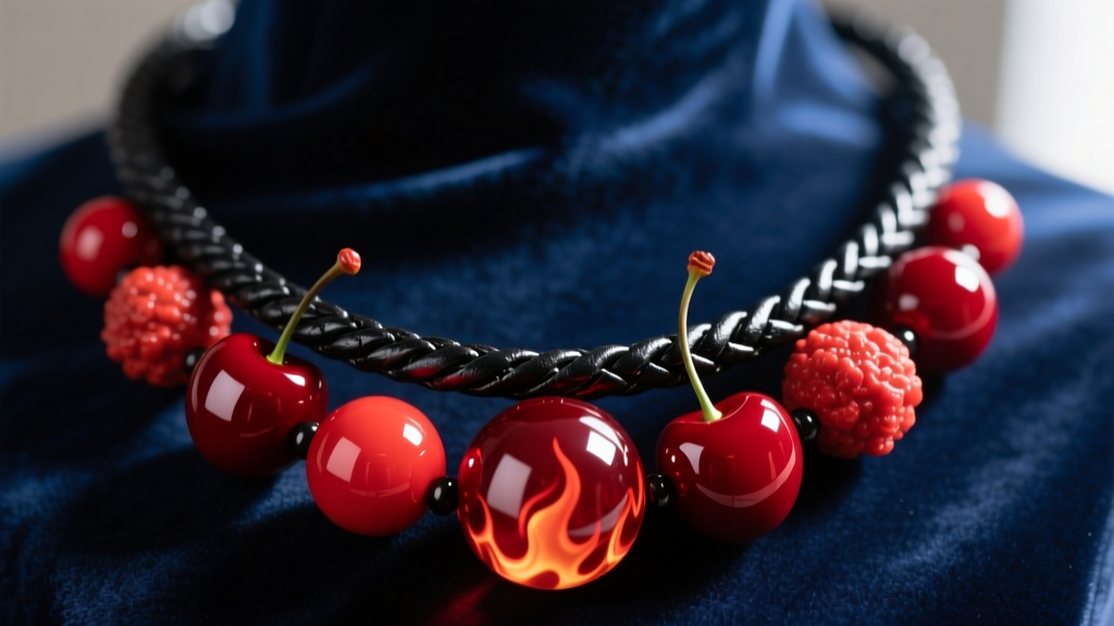 Necklace of Fireballs cosplay prop featuring glossy red resin beads of varying sizes on a thick leather cord against dark velvet