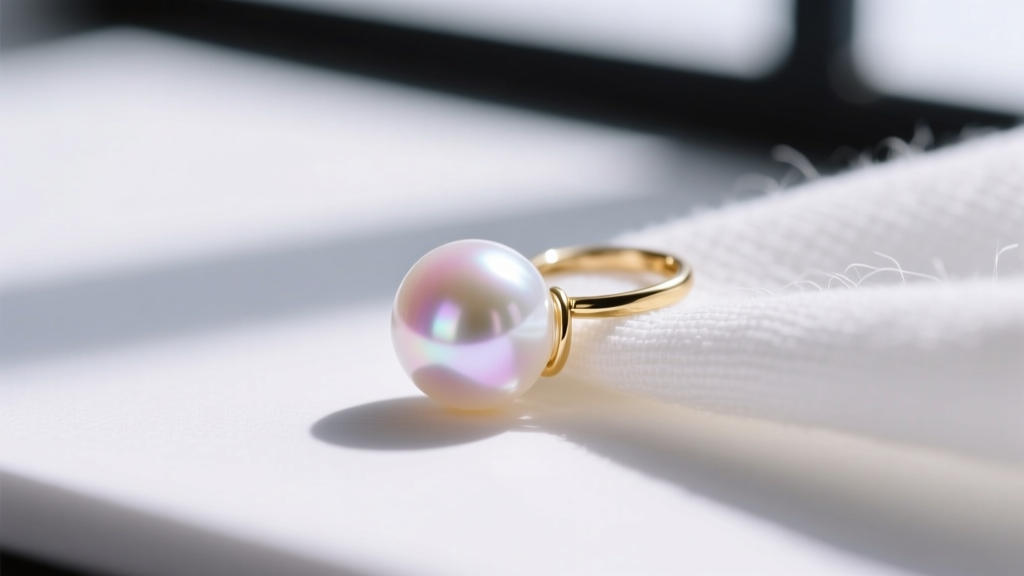 Microfiber cloth gently wiping a white Akoya pearl on a gold hoop earring, shown in macro detail on a clean white mat.