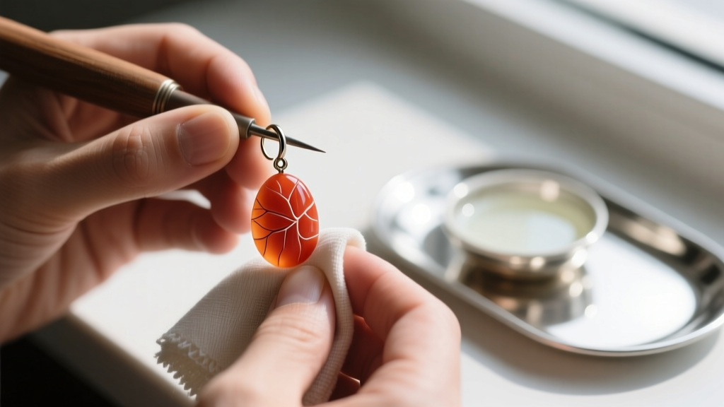Jeweler polishing a carved Aka coral drop earring with a microfiber cloth, alongside pH-neutral soap in the blurred background.