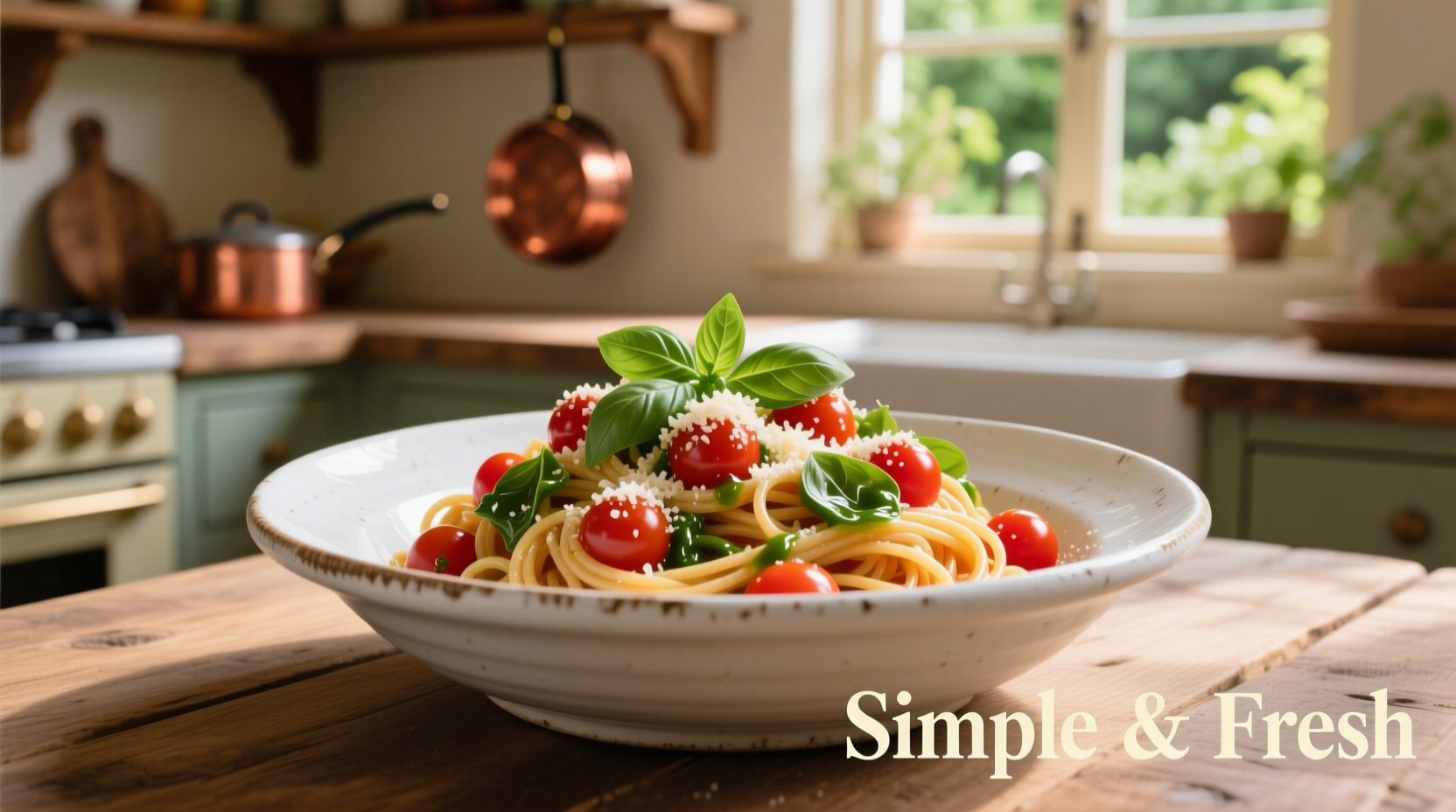 Fresh tomato basil pasta in white bowl
