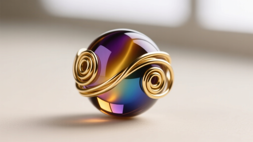 Macro photography of a 20-gauge gold-filled wire wrapping a heavy, iridescent lampwork glass bead for a dangle earring design