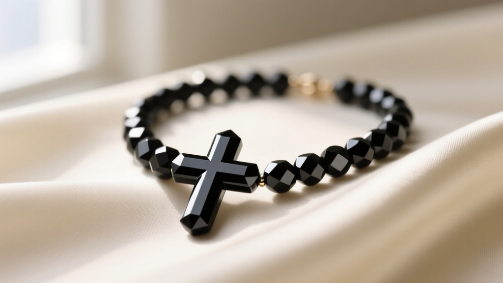 Close-up of a 4mm black onyx cross bead necklace on cream silk, showing faceted gem cuts and soft, diffused natural window light.