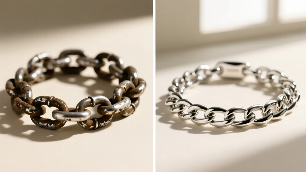 Split image showing a heavily tarnished raw silver chain on left and a bright rhodium-plated Italian silver chain on the right.